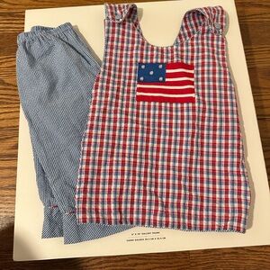 Red & Blue Plaid Sleeveless Romper with Flag Patch